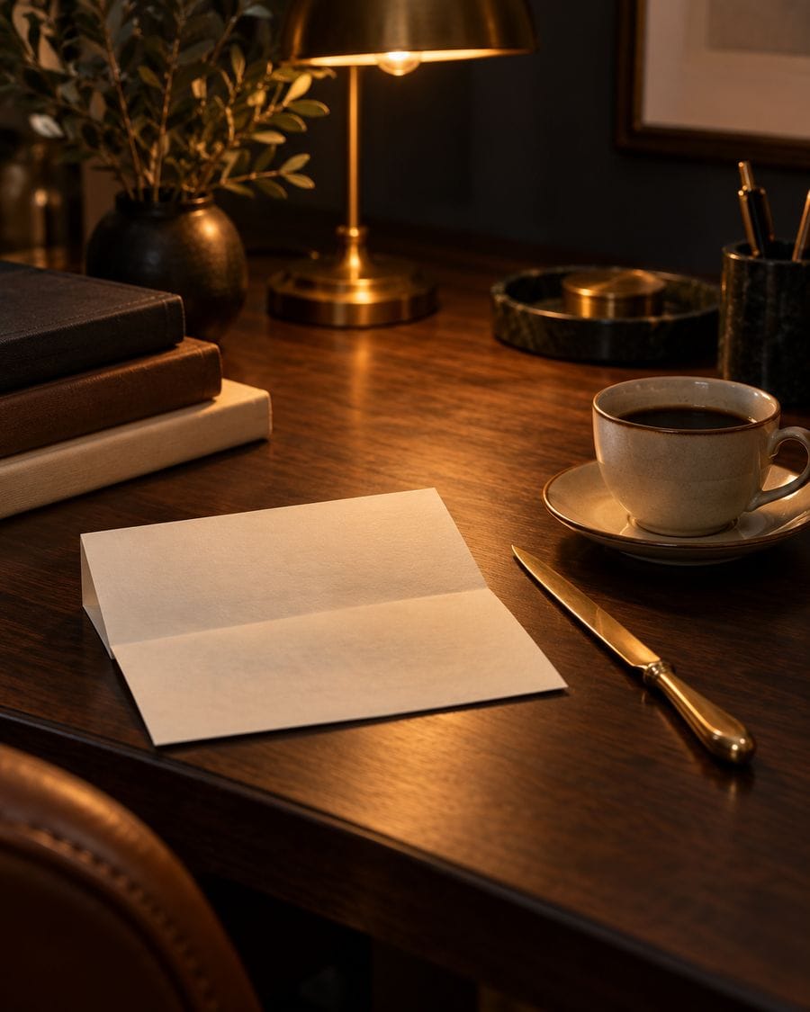 A folded statement, brass letter opener and black coffee on a walnut desk.