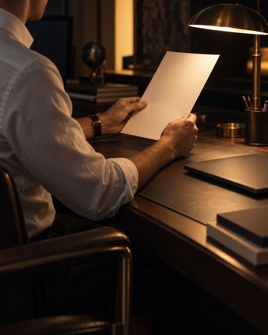 A trader seen from behind holding an unreadable printed statement toward a lamp beside a closed laptop