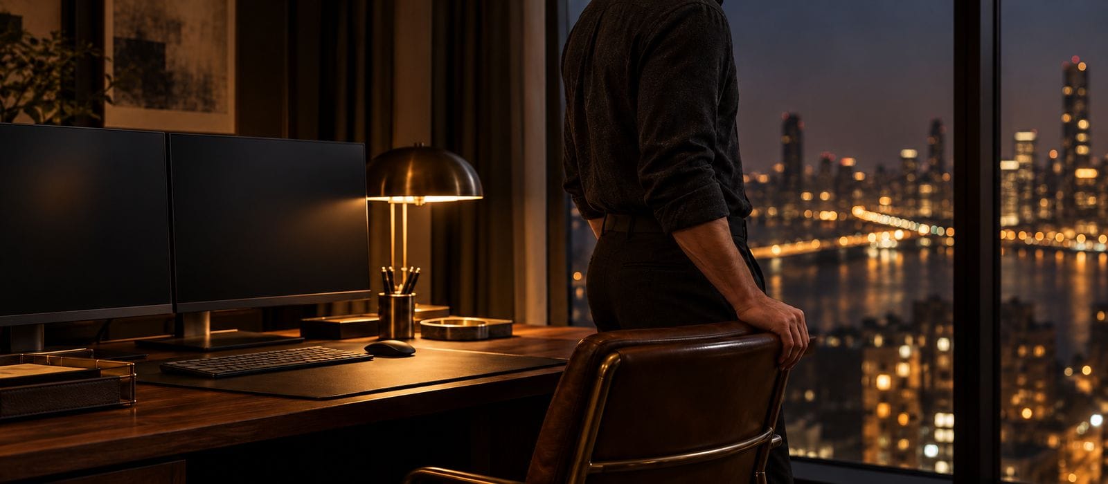 A trader turned away at a dark window with one hand on a chair beside a lamp-lit desk.