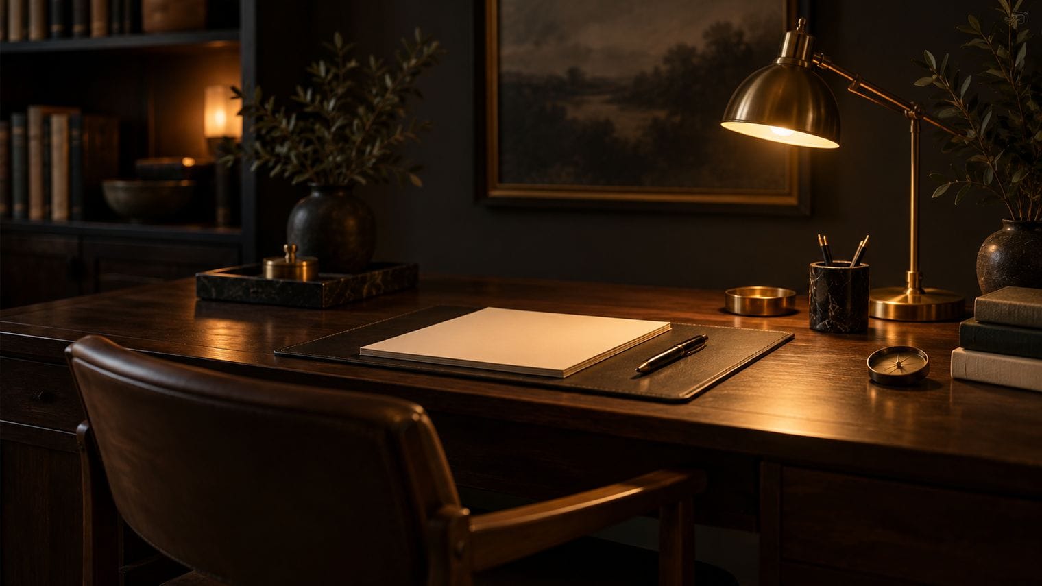 A chair pushed in at an empty desk under warm lamplight.