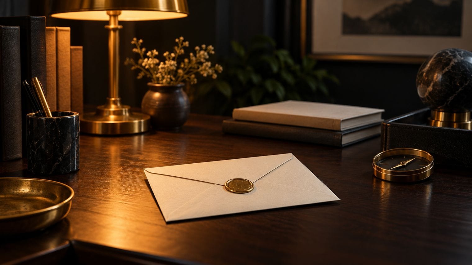 A sealed envelope resting on dark wood under amber light.