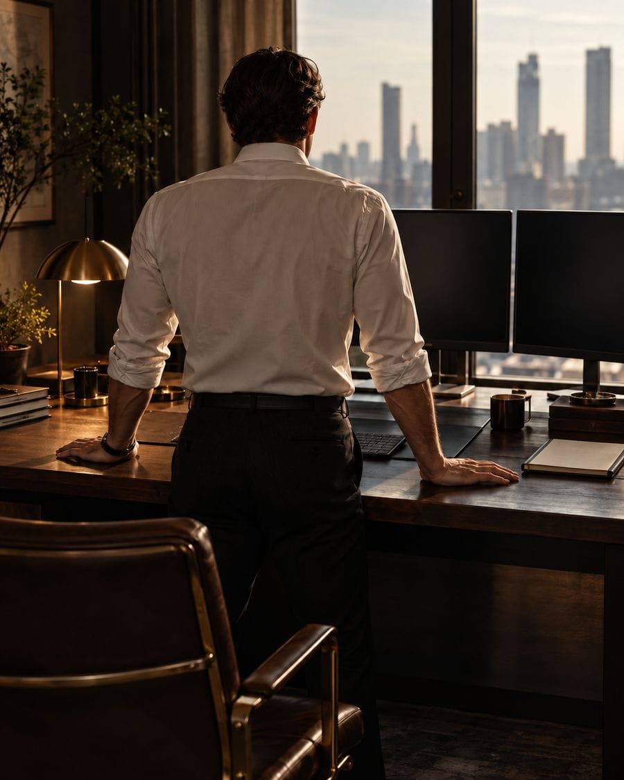 A trader seen from behind with both hands resting on a dark desk beside a lamp.
