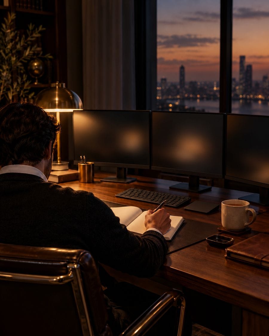 A trader seen from behind writing under a brass lamp with dark monitors ahead.