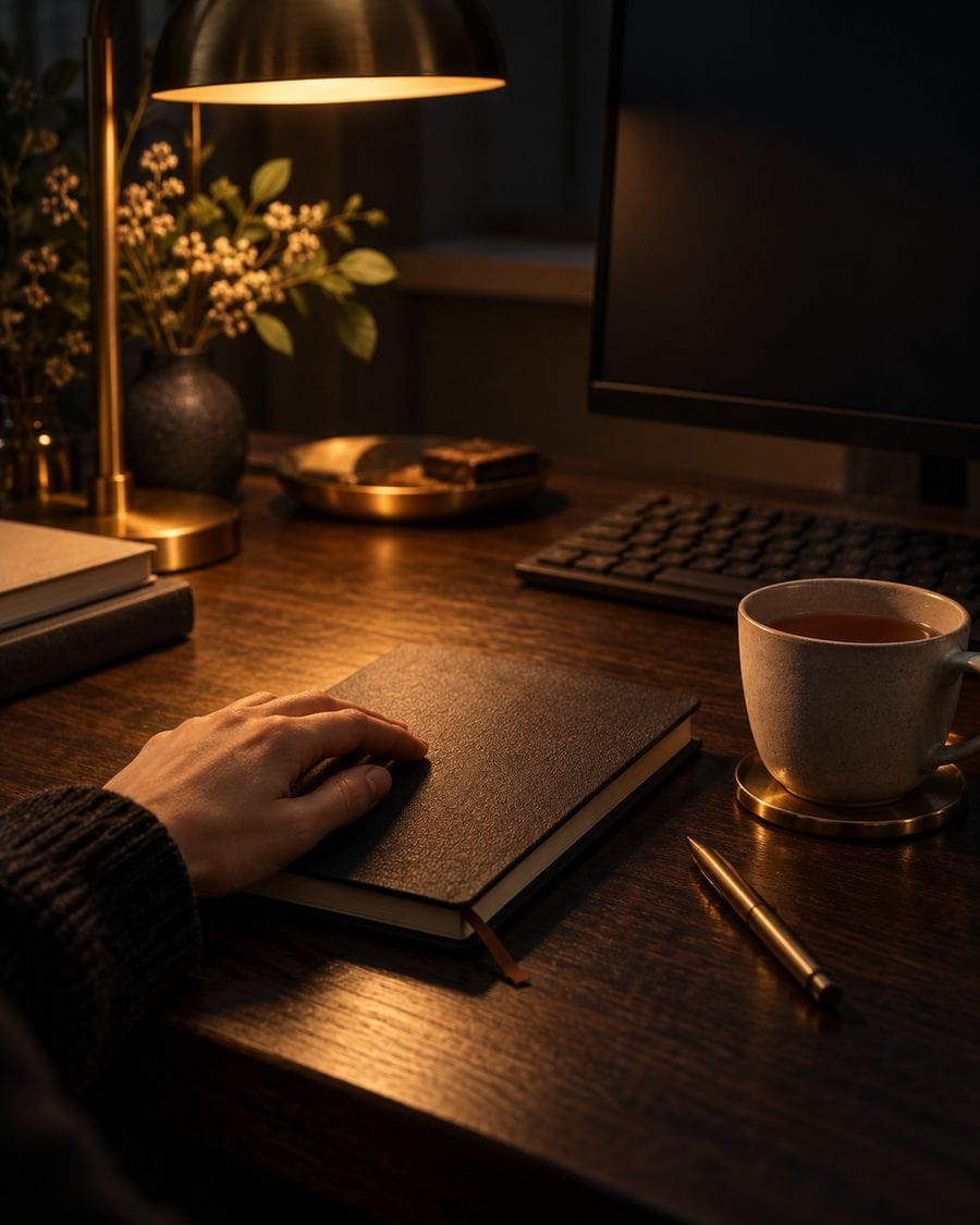 A hand rests on a closed notebook beside cooling tea under an amber evening lamp.