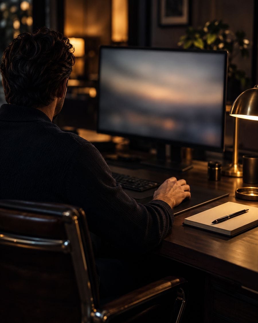 A trader seen from behind at a dark desk, one hand on a mouse beside a notebook.
