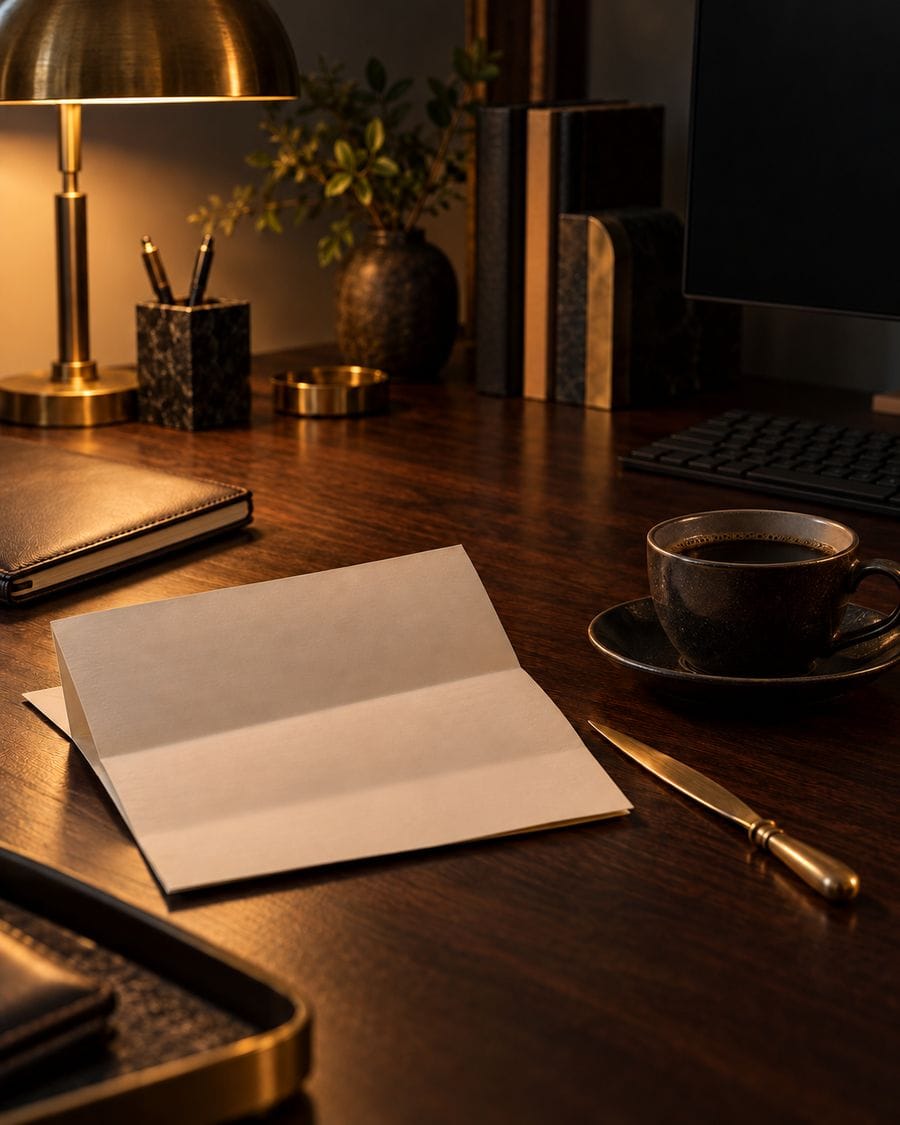 A folded statement, brass letter opener and black coffee on a walnut desk.