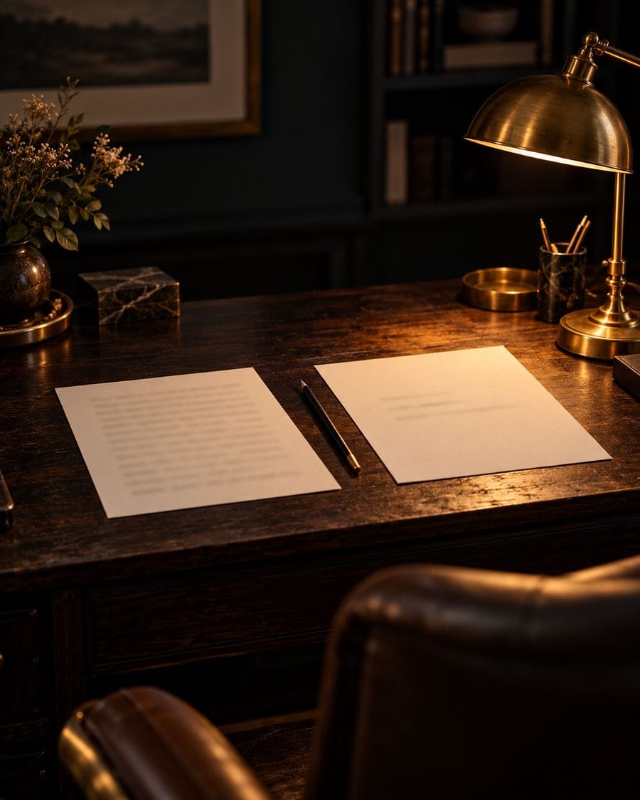 Two papers with different densities of blurred lines under a brass lamp.