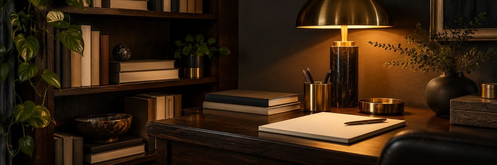 A quiet notebook and desk objects in warm amber light
