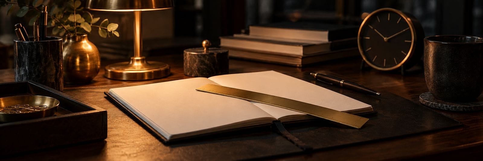 A notebook with a ruler across it in amber lamp light.